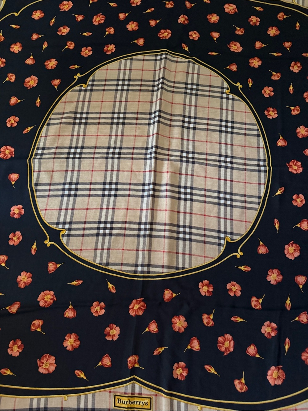 Burberry Floral Checkered Print Silk Scarf.